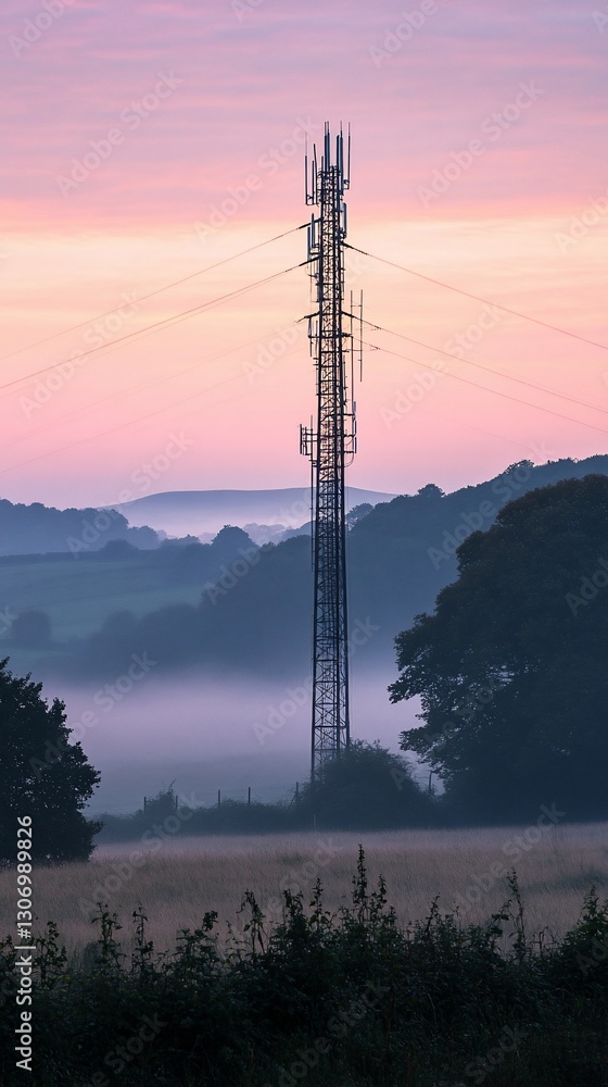 Tower stands tall in a misty field at dusk; rolling hills in background Tower stands tall in a misty field at dusk; rolling hills in background