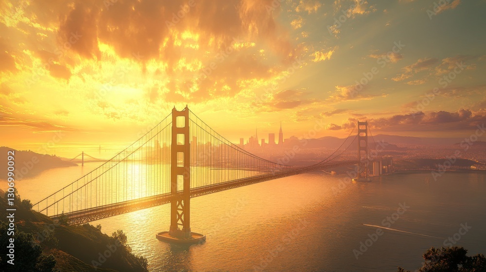 A majestic suspension bridge spanning across a wide river, glowing under the golden sunset. A majestic suspension bridge spanning across a wide river, glowing under the golden sunset.