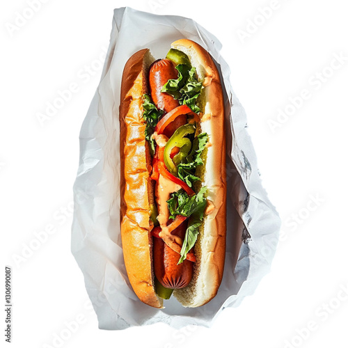 Delicious Gourmet Sausage Hot Dog in Bun with Toppings