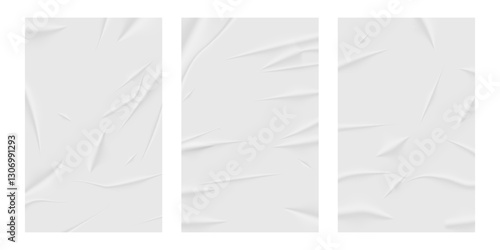 Set of three empty glued wrinkled paper sheets vector templates illustration