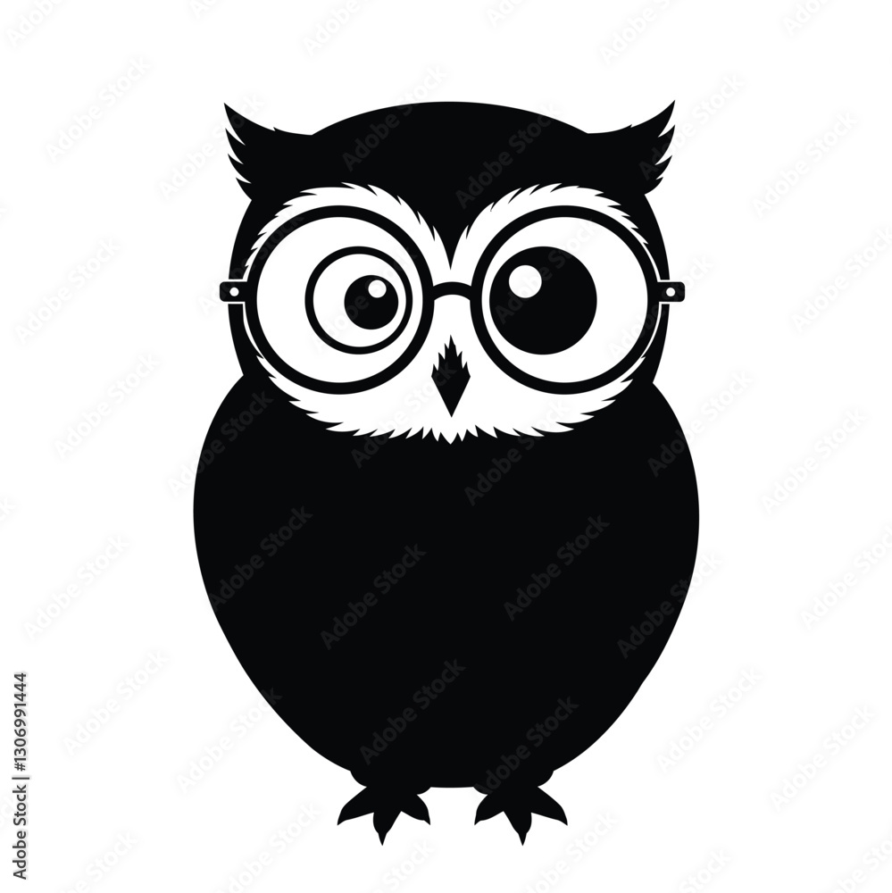 Fototapeta premium Funny Confused Owl Black and White Vector - Oversized Glasses Cartoon