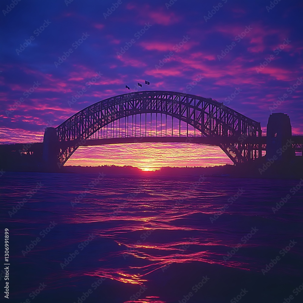Naklejka premium Vivid sunset over harbor bridge, birds flying, water reflection, travel postcard
