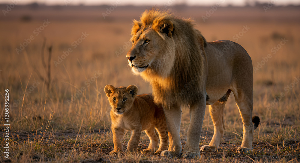 Naklejka premium lion in the savannah, Majestic Lions