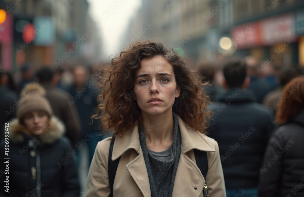 Obraz premium Worried woman walking busy street in city. Mental health problems concept. Sad, depressed person among crowd. Psychology, solitude, fear concepts. Woman panic disorder outdoors. Emotional distress