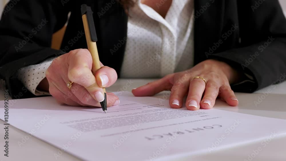 Young professional woman carefully signing critical legal contract. Close-up view of a businesswoman diligently signing a legal document at her office desk