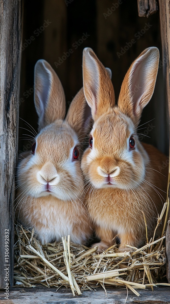 Obraz premium Two rabbits in wood structure with hay, for farm or pet care