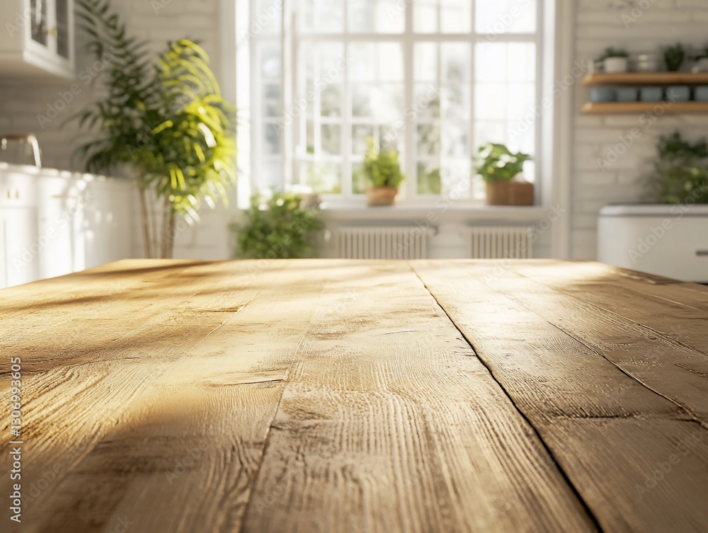Sunlit wooden table in bright kitchen Sunlit wooden table in bright kitchen