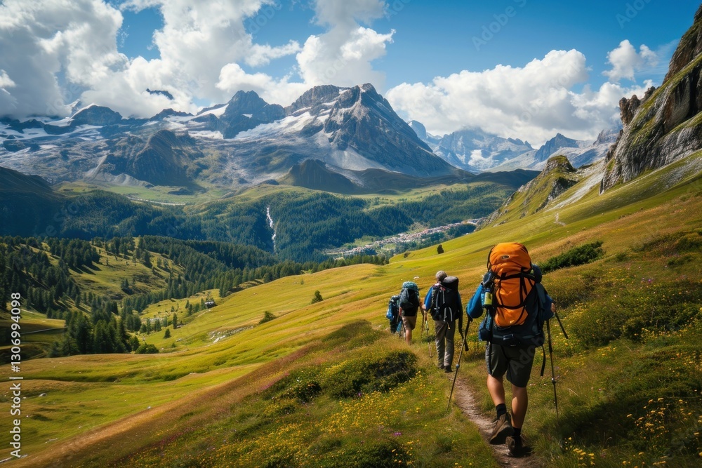 Obraz premium People hiking photo backpacking mountaineering togetherness.