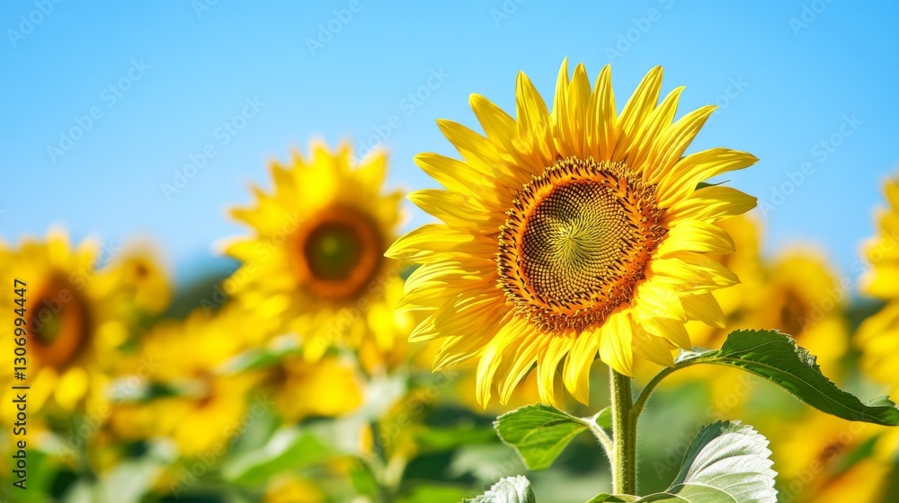 A vibrant sunflower field in full bloom under a clear blue summer sky. A vibrant sunflower field in full bloom under a clear blue summer sky.