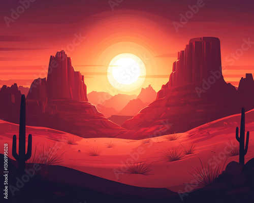 Red desert landscape at sunset, featuring cacti and rock formations Silhouette style, conveying feelings of solitude, adventure, and the vastness of nature photo