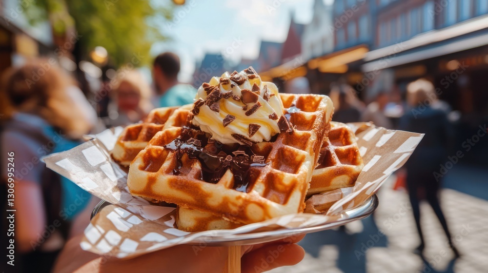 Fototapeta premium A delicious waffle dessert with whipped cream and chocolate toppings