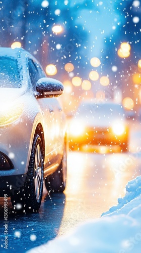 Winter Wonderland Commute: A car navigates a snowy road at night, its headlights cutting through the falling snow, a scene of calm urban travel under the soft glow of streetlights. photo