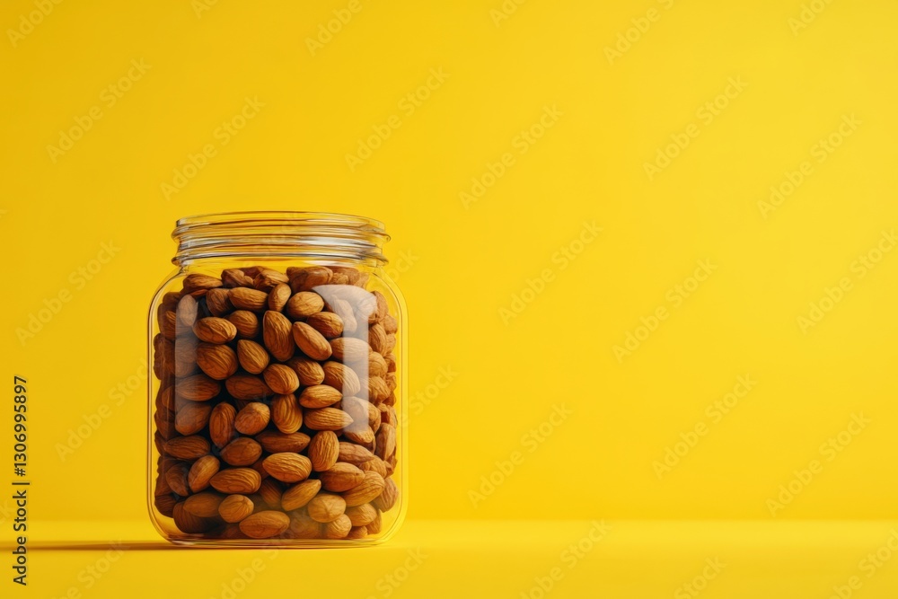 A glass jar filled with almonds against a yellow background. A glass jar filled with almonds against a yellow background.