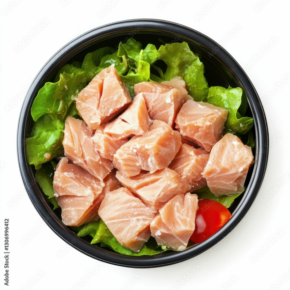 Tuna Chunks. Canned Tuna Piece with Green Salad. Isolated Fish Dish Tuna Chunks. Canned Tuna Piece with Green Salad. Isolated Fish Dish