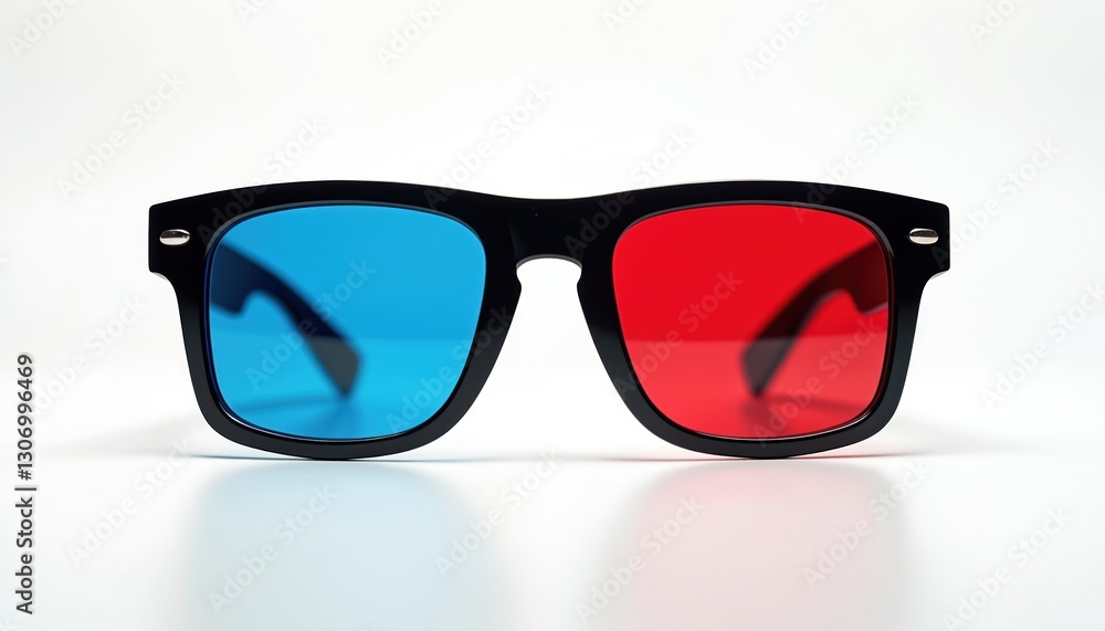 Cinema 3D glasses with red, blue lenses on white background. Black plastic frame. Spectacles accessory for watching motion picture film movies in theater, entertainment concept. Fun eyewear for Cinema 3D glasses with red, blue lenses on white background. Black plastic frame. Spectacles accessory for watching motion picture film movies in theater, entertainment concept. Fun eyewear for