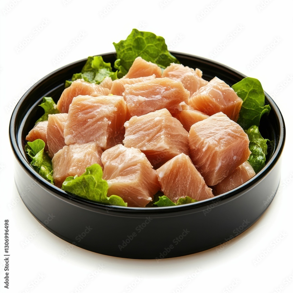 Tuna Chunks. Canned Tuna Pieces Served with Green Salad on White Background Tuna Chunks. Canned Tuna Pieces Served with Green Salad on White Background