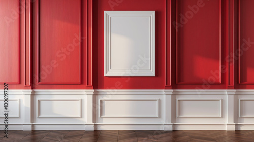 Mockup empty frame on red wall, modern design, mockup for advertising paintings