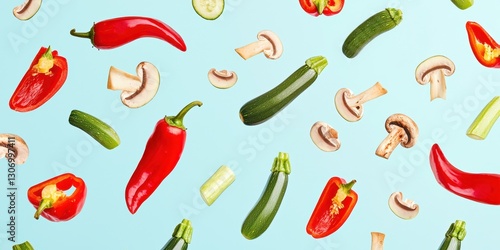 Wallpaper Mural Flying grilled vegetables including peppers, zucchini, and mushrooms, on a pastel light blue background Torontodigital.ca