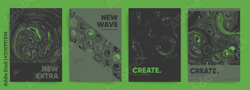 Technology or Science Brutalist abstract poster set with neon green and black fluid textures. Modern typography and geometric design for creative branding, flyers, and digital visuals.
