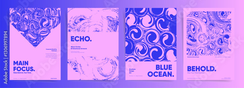 Abstract brutalist poster set with liquid wave patterns and bold typography. Blue and pink modern design for branding, brochures, and creative visuals.
