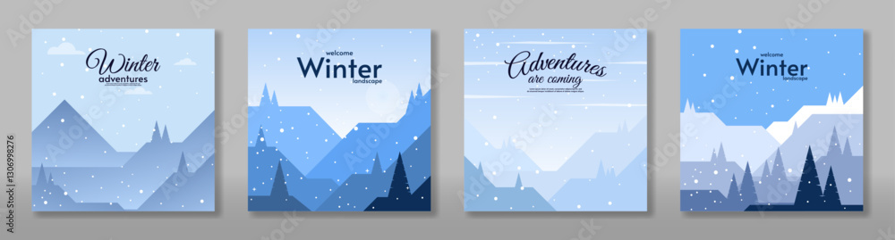 Fototapeta premium Vector illustration. Set of flat winter landscape card. Design for card, banner, web. Hills and mountains with forest landscape, snowy backgrounds. Snowy weather. 
