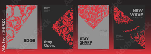 Brutalist abstract poster set with bold typography and red black liquid textures. Modern geometric layout for creative branding, flyers, and corporate visuals.

