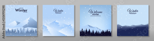 Set of flat winter landscape card. Vector illustration. Design for card, banner, web. Hills and mountains with forest landscape, snowy backgrounds.