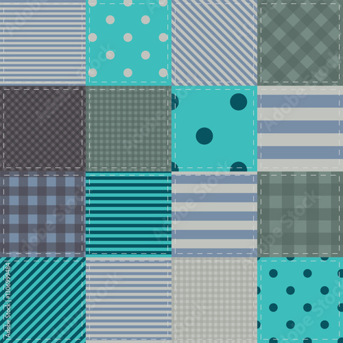 Creative patchwork background with different patterns- Vector. Turquoise, blue and gray colors