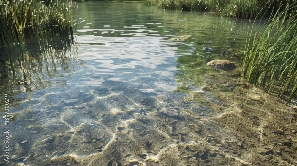 Serene waterscape reflecting a clear sky with grassy shoreline Serene waterscape reflecting a clear sky with grassy shoreline