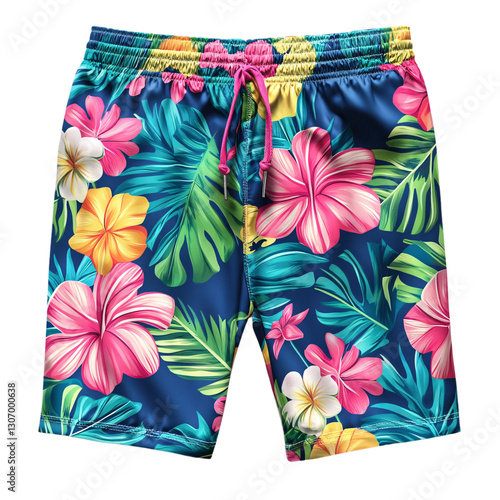 Vibrant floral swim shorts beachside apparel tropical eye-level summer vibes