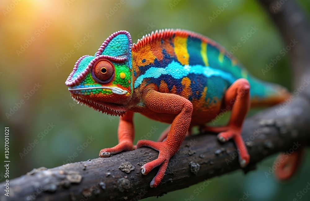 Colorful chameleon sits on branch. Reptile boasts vibrant scales, turquoise, orange, green hues. Macro close-up shows intricate details of skin, eye. Exotic pet camouflaged in nature, wildlife scene. Colorful chameleon sits on branch. Reptile boasts vibrant scales, turquoise, orange, green hues. Macro close-up shows intricate details of skin, eye. Exotic pet camouflaged in nature, wildlife scene.