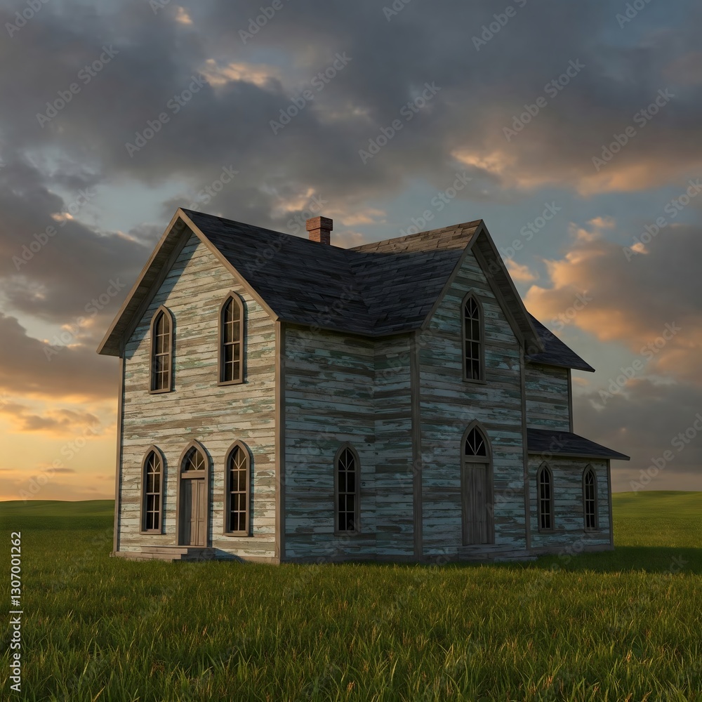 Fototapeta premium Weathered Farmhouse at Dusk: Gothic Windows and Peeling Paint Under Dramatic Sky
