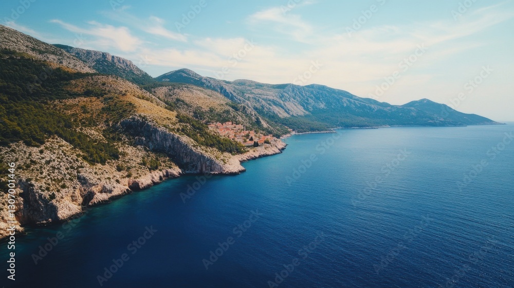 Beautiful view of the blue sea and mountains fashioned from stone, with small villages atop them. Stunning seascape backdrop. Beautiful view of the blue sea and mountains fashioned from stone, with small villages atop them. Stunning seascape backdrop.