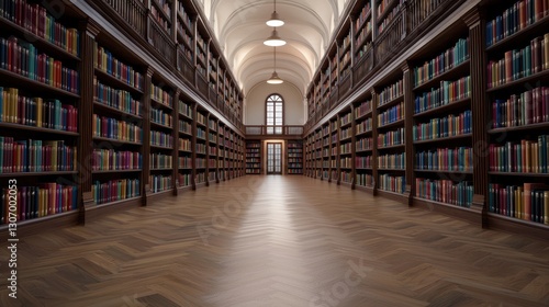Wallpaper Mural Elegant Library Interior with Tall Bookshelves and Warm Wood Floors Under Soft Ambient Lighting Torontodigital.ca