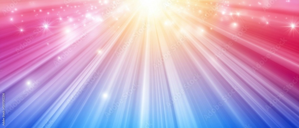 Fototapeta premium Radiant light beams with sparkling stars on colorful gradient background Concept of hope, inspiration, and divine light