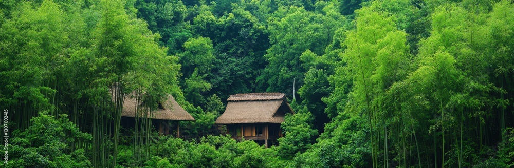 Lush greenery surrounds traditional wooden houses, creating a serene and tranquil atmosphere in a verdant bamboo forest. Lush greenery surrounds traditional wooden houses, creating a serene and tranquil atmosphere in a verdant bamboo forest.