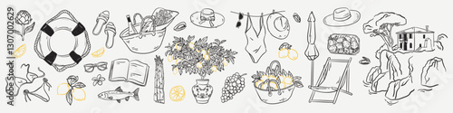 Set of marine beach drawings. Italian summer voyage vector illustration in doodle sketch style. Dolce vita sea vacation, weekend elements. Lemon harvest, swimsuit, slippers, hat, wicker beach bag.