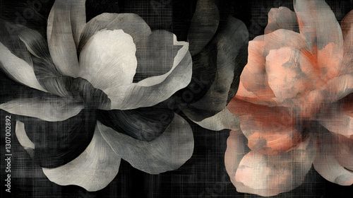 Abstract floral art print; textured grayscale & peach blossoms; dark background; home decor