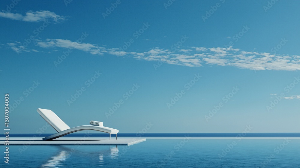 Fototapeta premium A white lounge chair sits poolside under a blue sky