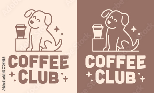 Coffee club dog lovers kawaii groovy Korean Japanese aesthetic pet friendly cafe logo. Takeaway cup cute puppy retro vintage illustration printable text poster sign girl women shirt design vector.