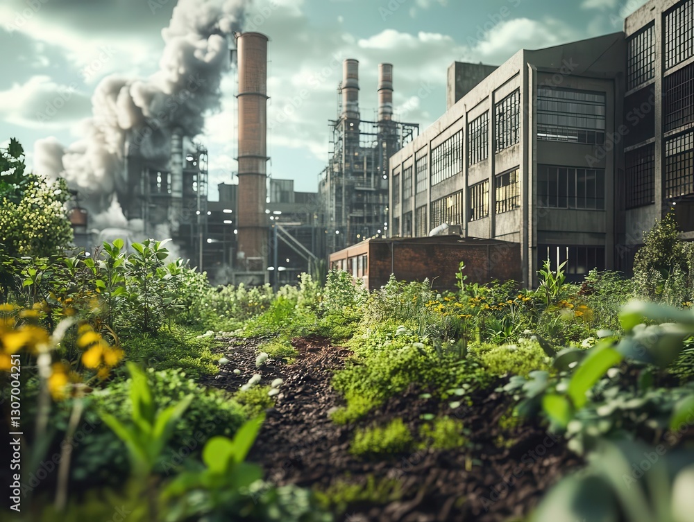 Obraz premium Abandoned Industrial Site With Overgrown Vegetation and Pollution