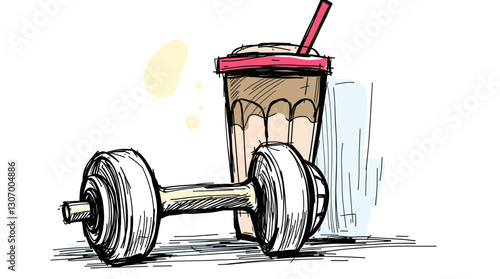 Sketch of protein coffee shake with dumbbell