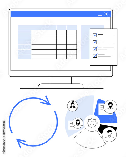 Computer screen displaying task list and table, workflow cycle with arrows, and team collaboration pie chart. Ideal for productivity, team management, planning, workflow visualization, data tracking