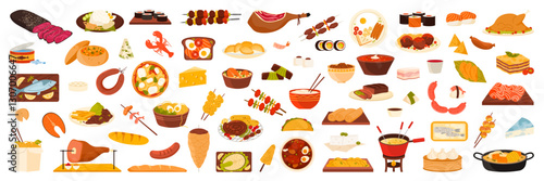 Different food of world set. Diversity ethnic cuisines collection with traditional dish of country to taste, BBQ sausages and salmon, lasagna and roast turkey, steak cartoon vector illustration
