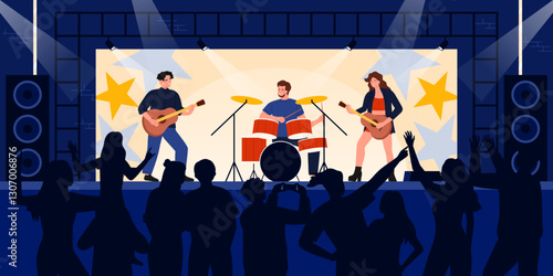 Concert, music festival, live show of rock band performing on stage. Guitarists and drummer group playing music in front of silhouettes of audience, crowd of people dance cartoon vector illustration