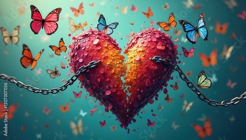Surreal image of broken heart held by chains with vibrant butterflies flying away, freedom. Digital artwork with bold colors enhances scene. Represents escape from emotional heartache, love,