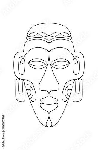 Ethnic Mask, drawn with continuous line in minimalism, abstract, Yoruba Mask, African culture, rituals of worship, cult of ancestors, one line, editable vector contour