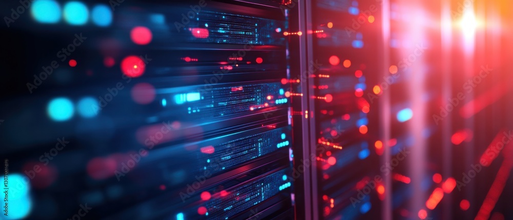 Naklejka premium Data center server racks with blue and red lights, showcasing information technology infrastructure and cloud computing hardware Concept of big data, networking, and cybersecurity