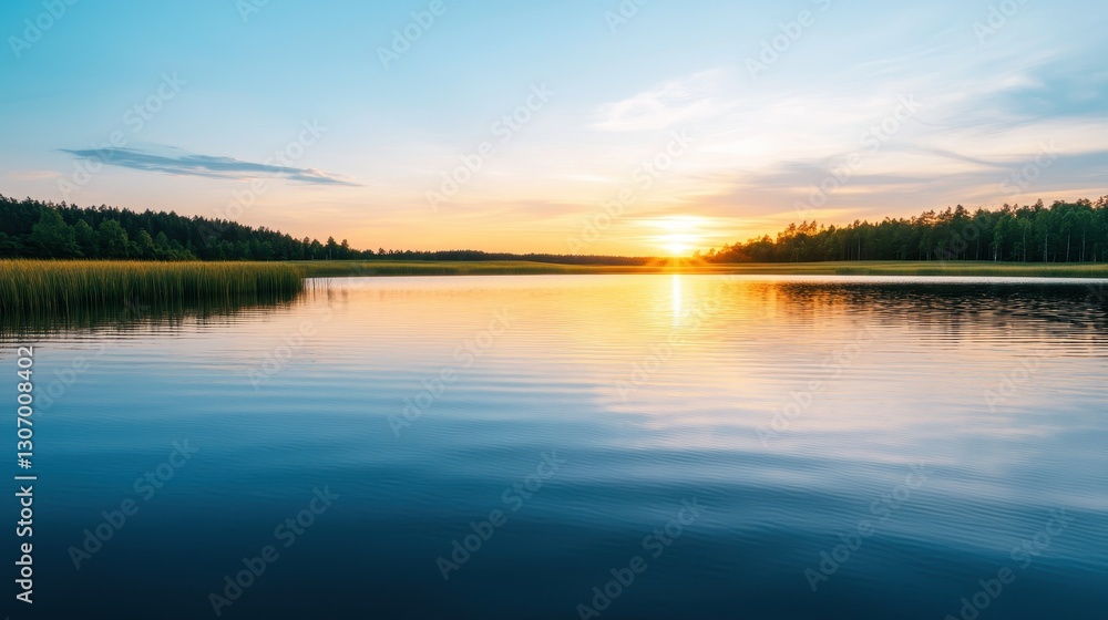 Serene Sunset Over Calm Lake Surrounded by Lush Green Forest and Clear Blue Sky Reflecting in Water