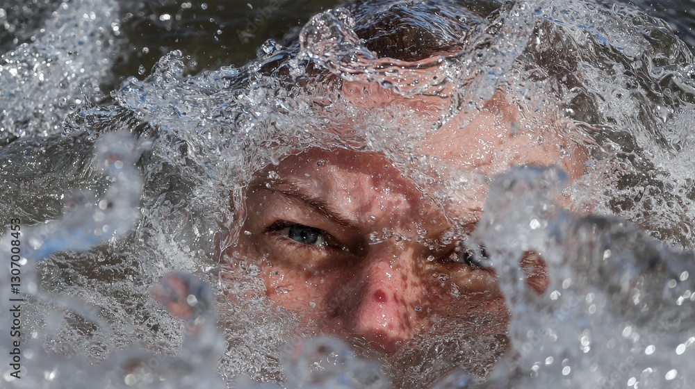 Fototapeta premium Close-up of a person's face as they swim in the water. the person appears to be in the middle of a swim, with their head above the water and their eyes closed.